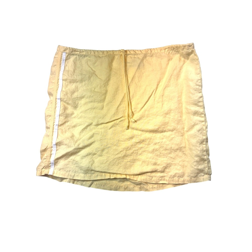 Cherokee Yellow Linen Mini Skirt Women's Size L Drawstring Waist White Stripe
